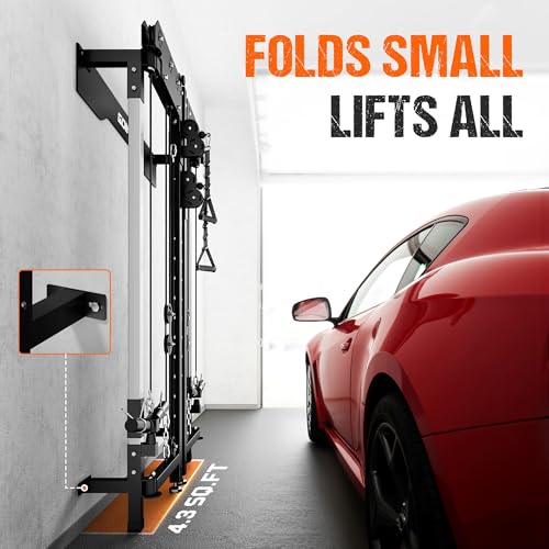 Image of WM3-V4 Folding Squat Rack, Wall Mounted Power Rack with Dual Independent Pulley System, Functional Trainer with 5 Adjustable Function Modes for Space Saving