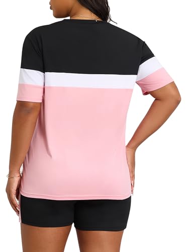 LovelyWholesale Womens 2 Piece Outfits Summer Tracksuits Plus Size Two Piece Outfit Color Block Tops and Short Sets3