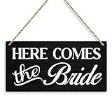 Here Comes The Bride Rustic Wedding Signs Wall Hanging Wedding Decor Wedding Accessories Stuff Decorations for Reception Engagement Weddings Party Wall Art Decor Wooden Ring Bearer Sign (Black)