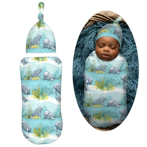 Image of Ocean Florida Manatee Newborn Swaddle Blankets Hat Sets Soft Baby Receiving Blanket Swaddle Sack for Baby Shower Infant Boy Girl Gift