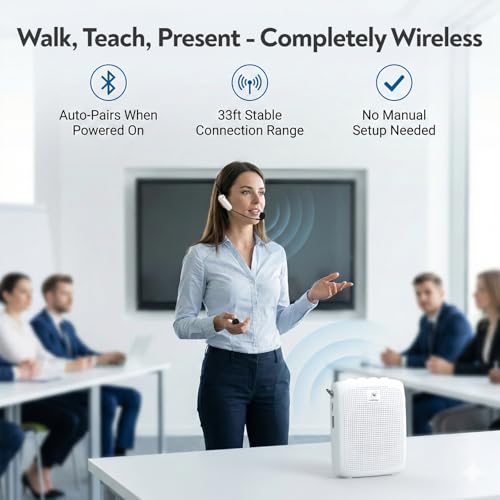 Image of WinBridge WB002 Wireless Voice Amplifier with Bluetooth Headset Mic | Teacher Microphone for Classrooms, 15W Voice Amplification, One-Touch Mute, USB Playback, 12-15 hr Battery, Lightweight White