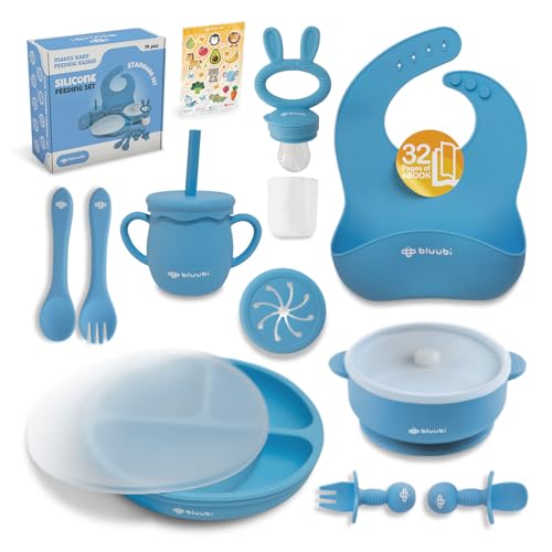 Image of Bluubi Silicone Baby Feeding Set - Infant Tableware for First Foods & Baby, Led Weaning (0+ Months), Easy to Clean, Durable, Perfect for Baby Boy or Girl, Solid Feeding - Blue - Standard