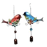COHEALI 2個 田園風小鳥風鈴 吊り下げ装飾用ウィンドチャイム アイアン ガラス製 カラフルな彩色 鳥モビール ガーデンや室内窓辺に