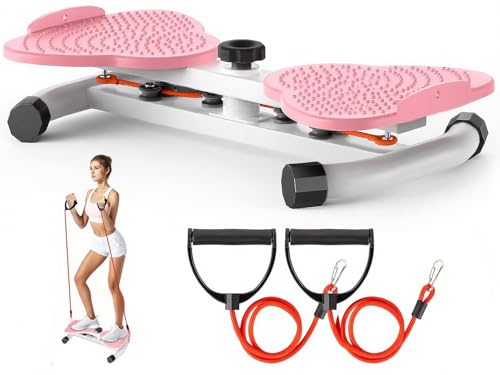 Ab Twister Board with resistance bands, designed for core and waist exercise, featuring a pink platform and a woman performing a workout.