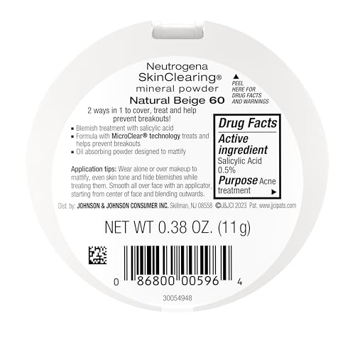 Neutrogena SkinClearing Pressed Mineral Powder Compact for Acne Prone Skin, Oil Absorbing Acne Makeup with Salicylic Acid helps to Cover, Treat & Prevent Breakouts, Natural Beige 60, .38 oz, 2 Pack