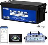 DC HOUSE 48V 100Ah Lithium Golf Cart Battery w/Switch, Lifepo4 Battery with 48V 18A Lithium Batteries Charger, Smart 200A BMS, LCD Monitor & Mobile APP, Peak Current 700A (ABS Case)