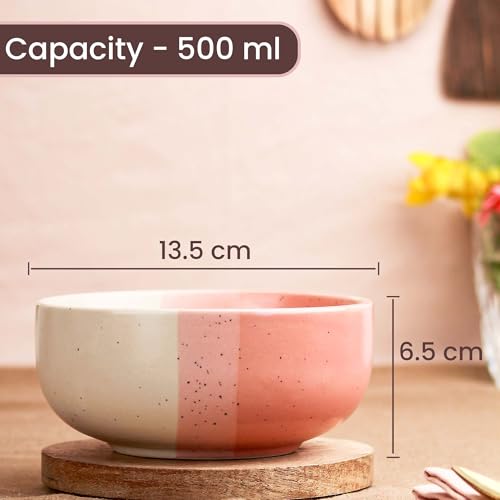 Image of The Earth Store Tritone Pink Matte Ceramic Bowl Set of 2 - 500ML Each with Nob Wooden Lid | Mixing Bowls for Snacks, Rice, Dal, Fruits, Salad Microwave Safe Bowl with Lid Perfect Gifting & Daily Use