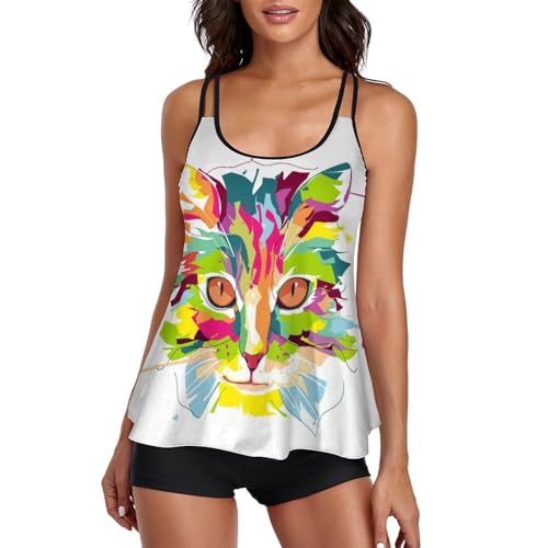 Maillot de bain tankini short de garçon femme robe de plage motif chat de couleur confort