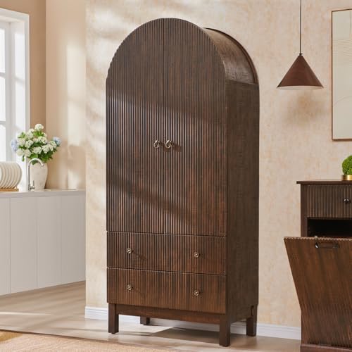 IFGET 71\" Tall Arched Pantry Cabinet, Fluted Kitchen Storage Cabinet with Adjustable Shelves and 2 Large Drawers, Freestanding Morden Versatile Cupboard for Living Room, Bathroom, Brown - Thumbnail 6
