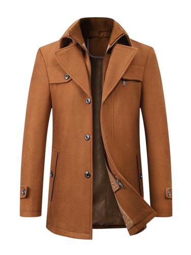 Image of INVACHI Men's Wool Blend Coat Warm Winter Trench Coat with Detachable Soft Scarf Single Breasted Pea Coat