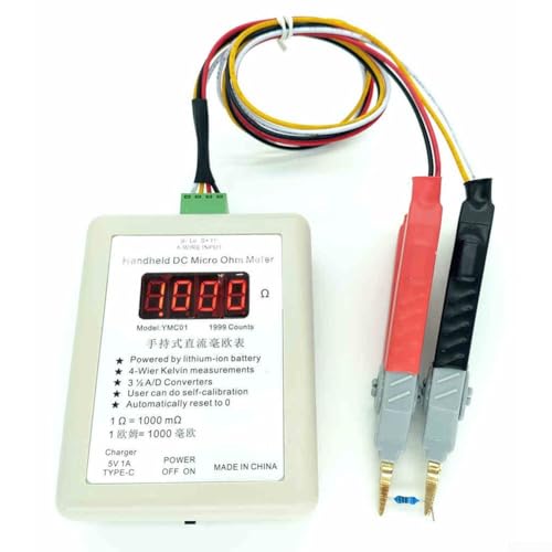 AugustknowU YMC01 Handheld DC Milliohm Meter Low Resistance Tester Four-Wire Kelvin Measurement 2R/20R Range Digital Display Earth Ground Resistance Meter with Type-C Charging(Large Clip 2R)