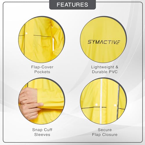 Image of Amazon Brand - Symactive PVC Raincoat with Hood for Men | Waterproof Jacket & Pants Set | Seam-Sealed | Snap Button Sleeves | Size XL | Yellow