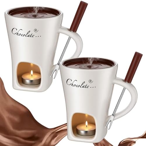 2 Pcs Chocolate Fondue Mug with Fork and Candle Sweet Ceramic Personal Chocolate Melting Cup Chocolate Fondue Mug Ideal Gifts for Date Night Birthday Wedding Gifts (White)