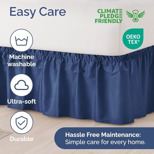Image of Bed Skirt - Wrap Around Dust Ruffle Bed Frame Cover with Easy Fit Elastic Strap, Queen Size 15 Inch Drop, Microfiber Pleated, Machine Washable | Navy Blue