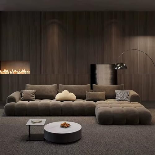Image of Modern Classic Cloud Puffy Velvet Sofa Tufted Structure Round Arm L-Shaped Sofa Set Supported Round Back with Throw Pillows for Living Room, Hallway Apartment (3+1 & footrest Brown)