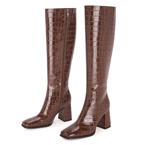 Image of Modatope Knee High Boots Women Chunky Heel Square Toe Fashion Tall Boots | Side Zipper pu Leather Tall Boots,Chunky Heel 70s Gogo Boots,Fashion Heeled Fall Winter Boots,Long Dressy Boots for Women
