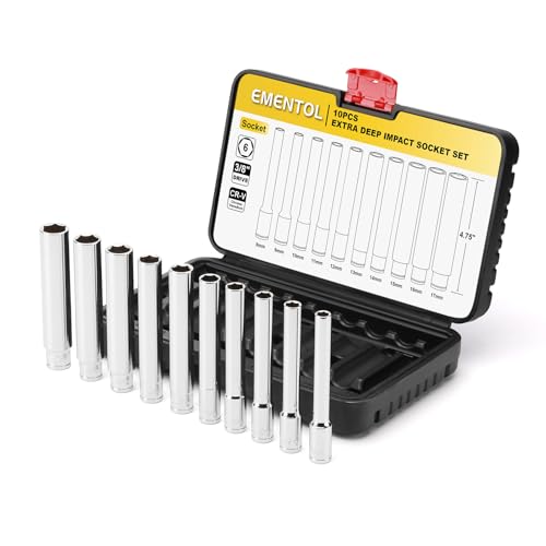 EMENTOL 10PCS 3/8-Inch Drive Metric Deep Socket Set 8-17MM Deep Sockets Extra Long 6-point Cr-V Steel