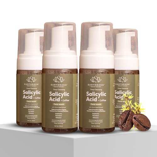 Earthraga Salicylic Acid (1%) & Coffee Foaming Face Wash - 100ml, Fights Acne and Blackheads, Clears Clogged Pores, For Men and Women Pack of 4