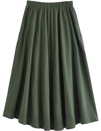 Lyking Women's Casual High Waist Pleated A-Line Midi Skirt with Pocket2