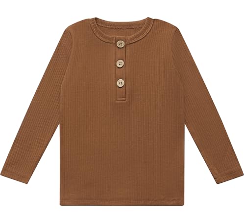 BACKID Toddler Boy Henley Long Sleeve Shirts Organic Cotton Ribbed T-Shirt Kids Fall Clothes Basic Tees Tops,Brown,18-24 Months