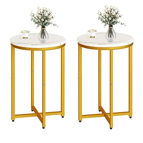 DKLGG Modern Gold Side Table Set of 2, Small Coffee Table Round End Table with Gold Frame, Faux Marble Side Table Bedside Table for Living Room,