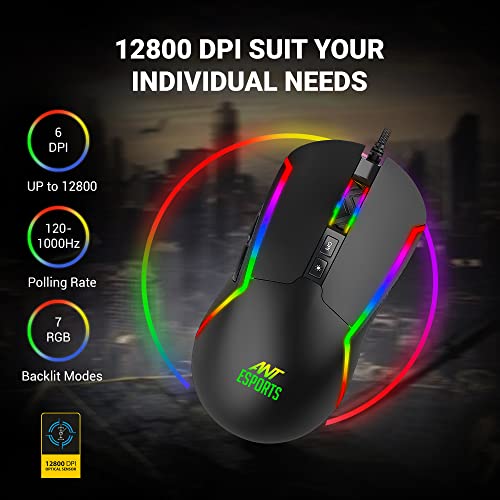 Image of Ant Esports GM330 RGB Optical Wired Gaming Mouse - Black, Multicolor Backlit Lighting, 12800 DPI Optical Sensor, Light Weight and Flexible Braided Cable