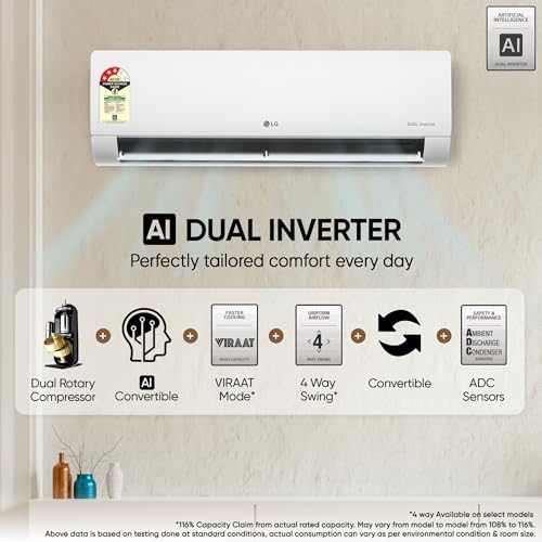Image of LG 1 Ton 5 Star Dual Inverter Split AC (Copper, AI Convertible 6-in-1 Cooling, Faster Cooling & Energy Saving, 4 Way Air Swing, HD Filter with Anti-Virus Protection, Viraat Mode, US-Q14ENZE, White)