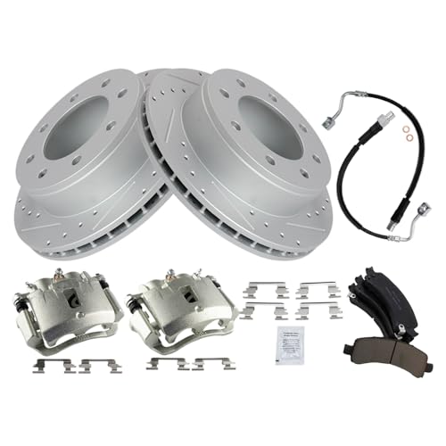 Image of TRQ Brake Pad & Rotor Kit Slotted X Drilled Performance Ceramic Compatible with 2003-2010 Chevrolet Express 2500 2011-2012 Express 3500 GMC Savana 2500 2007-2012 Savana 3500