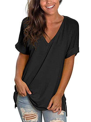 SAMPEEL Women's V Neck T Shirts Casual Rolled Short Sleeve Side Split Summer Tops Loose Fit2