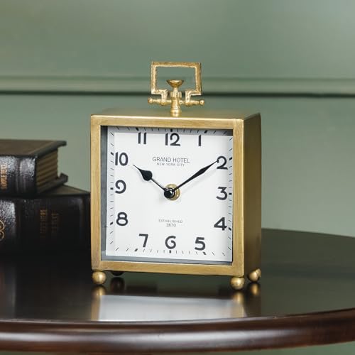 Image of NIKKY HOME Small Gold Table Clock, Silent Classic Decorative Desk Clocks | Non-Ticking Battery Operated Vintage Metal Square Shelf Clock, Antique Decor for Living Room, Bathroom, Office, Mantel