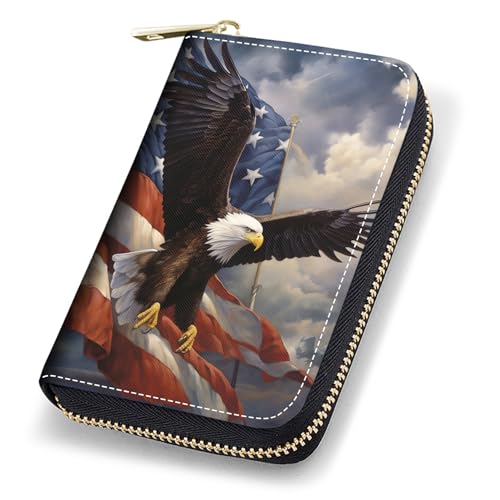 Credit Card Holder Wallet, RFID Blocking Card Wallet for Women, Small Leather Card Case Wallet with Zipper Accordion Wallets, Patriotic American Flag Bald Eagle