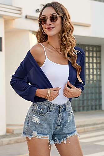 Chama Women's Chiffon Shrug Cardigans Open Front Cropped Bolero Sheer Shrugs 3/4 Sleeve For Summer Navy Blue #TOP3