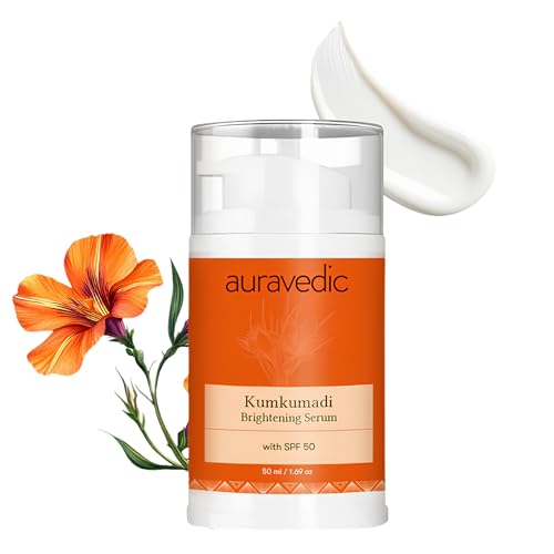 Auravedic Kumkumadi Face Serum Sunscreen SPF 50 | Lightweight Broad Spectrum Daily Face Sunscreen with Saffron | Non-Greasy Moisturizing Sun Protection for Smooth Even-Looking Skin | 1.76 Oz (50g)