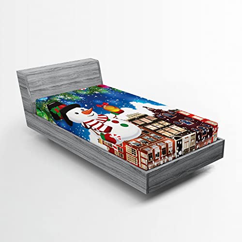 Ambesonne Christmas 2 Pack Fitted Sheet, Snowy City Street, Bed Cover All-Round Elastic Deep Pockets 2 Pieces, Package Contains 2 Twin Size Fitted Sheets, Blue Brown