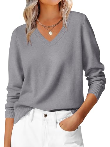 ANRABESS Womens Long Sleeve V Neck Sweaters 2025 Fall Casual Classic Soft Loose Fit Basic Pullover Jumper Top Grey Small