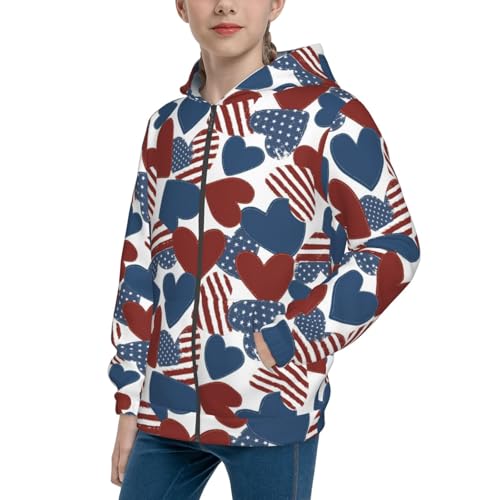 American Flag Heart Symbol Kids Pullover Hoodies Boys Zip Up Sweatshirts Girls Athletic Clothes with Pocket