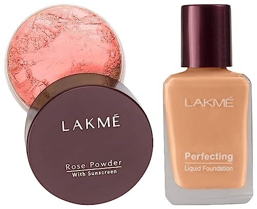Image of LAKME Rose Natural Face Powder for Oily Skin Type, Warm Pink, 40G And Lakme Perfecting Liquid Foundation, Shell, 27Ml