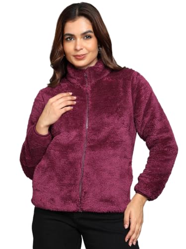 Image of Alan Jones Clothing Women's Fluffy Yarn Fleece Full-Zip Jacket | Soft Lightweight Warm Outerwear with Stand Collar & Piping at Hem & Cuffs
