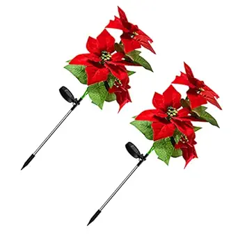 OSALADI 2Pcs Christmas Garden Solar Lights Outdoor Solar Poinsettia Flower Yard Stake Floor Ground Insert Light Holiday Lawn Decoration