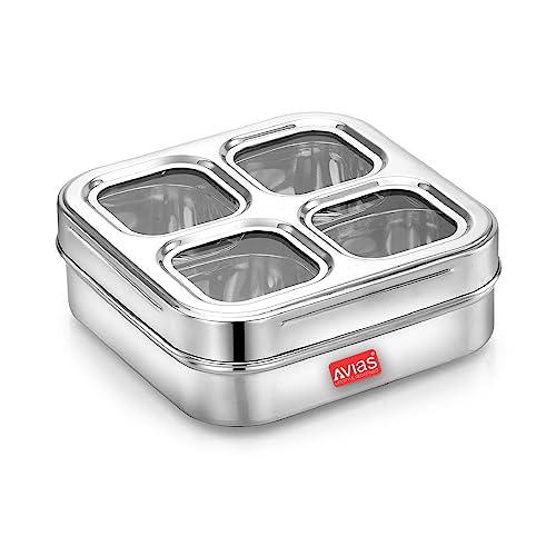 Image of AVIAS 4 Square Stainless Steel Masala Box for Kitchen, Spice Box with See-Through Lid, 4 Containers Masala Dani /Dabba, Dry Fruit Organiser, Food Grade Rust-Free Steel, Design 17.5cm, Silver