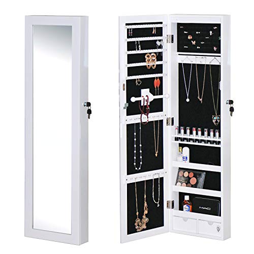 Amelia Puerta/Montado-en-la-Pared Longitud Total Dormitorio Mueble de Espejo Joyas Con Luces LED Cajones Estanterías de Almacenamiento Con Cerradura Para Maquillaje/Cosmética (Blanco)
