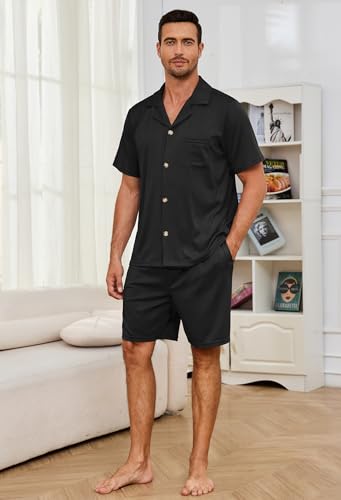 Men Pajama Set, Button up Sleepwear Short Sleeve Pjs Soft Lapel Loungewear with Pockets4
