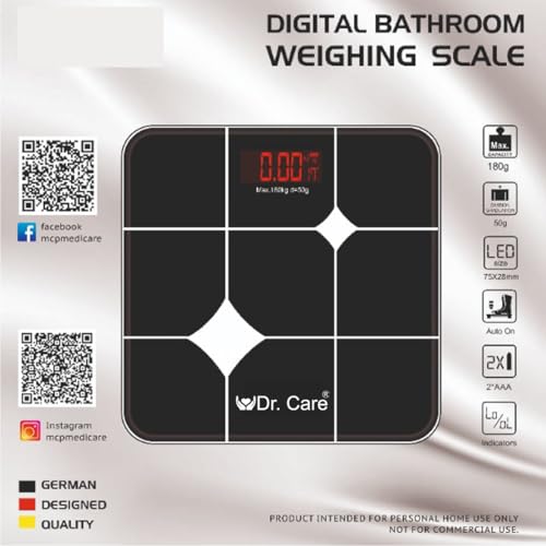 Image of Dr. Care Hesley Digital Bathroom Scale for Body Weight | 180kg Capacity, LED Display, Black with Red Backlight | Precision Weight Machine for Personal Use | Stylish and Durable Design