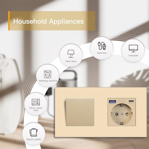BSEED Lichtschalter mit Steckdose mit USB/TYPE C Schnellladen 20W, 1 Fach 2 Weg Taste Schalter mit Schuko Steckdose unterputz, Wandschalter mit PC Rahmen f&uuml;r Handy, Pad usw - Gold