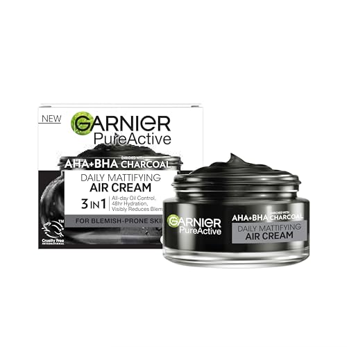 Garnier Pure Active AHA+BHA Charcoal Daily Mattifying Air Face Cream 3 in 1 action Hydrates + Controls Oil + Visibly Reduces Blemishes. Suitable for Sensitive Skin Cruelty Free Vegan 50ml
