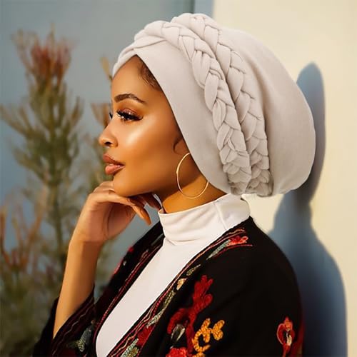Image of DRESHOW African Women Turban Caps Cotton Beanie Twist Headscarf Pre-Tied Double Twisted Braids Wrap Hat Chemo Cancer Cap