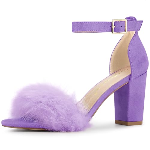 Allegra K Allegra K Women's Ankle Strap Faux Fur Block Heels Purple Sandals 11 M US