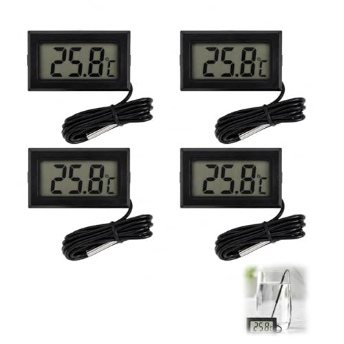 Termómetro Digital para Acuarios y Refrigeradores con Sensor de Temperatura y Sonda Impermeable, Pack de 4 Termómetros Compactos para Frigoríficos, Congeladores, Peceras y Más