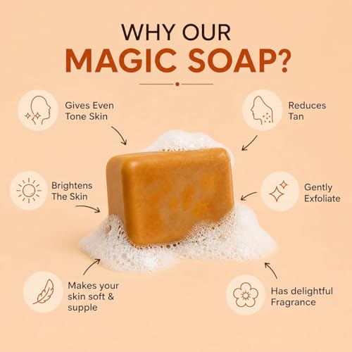 Image of Magic soap for Tan Removal Sandalwood & Saffron Magic Soaps For Bath | Paraben Free | Chandan & Kesar Bath Soaps | Handmade Soap For Glowing | Skin Brightening For Men & Women(pack of 2) (100 g (pack of 2))