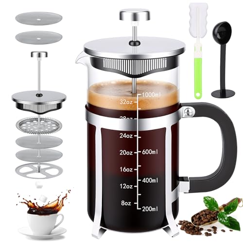 La Mejor Selección de Cafetera Prensa - los preferidos. 49 WOLADY Prensa Francesa De Vidrio, Cafetera Prensa Francesa de Acero Inoxidable 304 con Sistema de 4 Filtros, Vidrio de Borosilicato Resistente al Calor, Para Café Molido e...